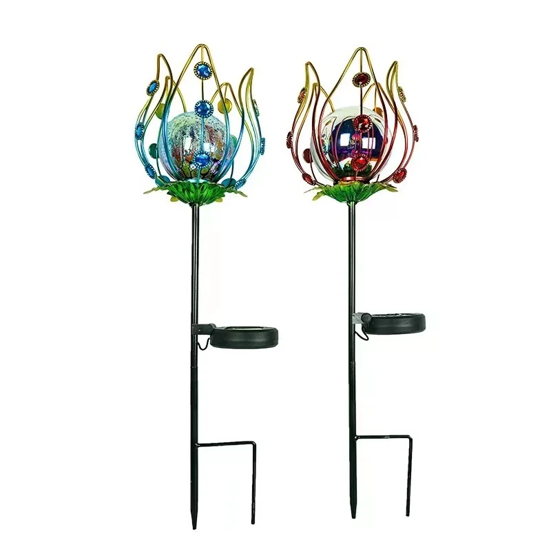 SM221358 Metal Iron Solar Stake Light with Globe, Flower, Lily, and Leaf Design