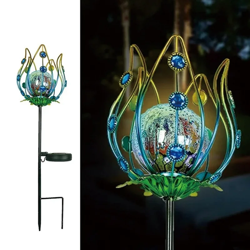 SM221358 Metal Iron Solar Stake Light with Globe, Flower, Lily, and Leaf Design_2