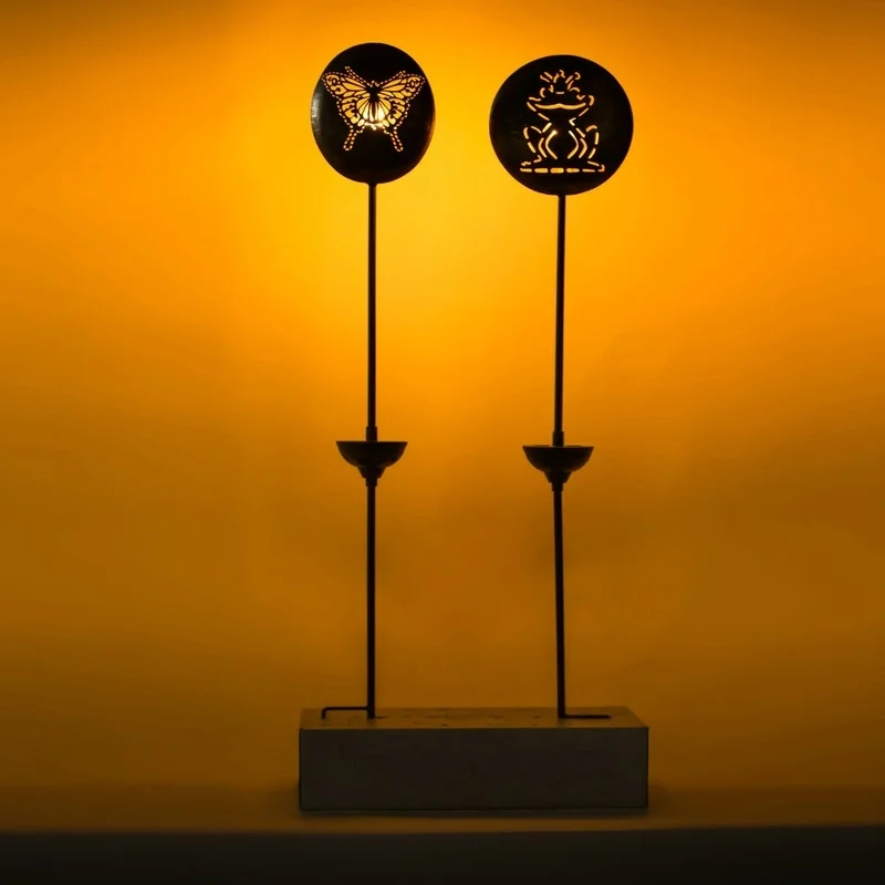 SM221407 Metal Iron Decorative Solar Stake Light with Disk, Globe, Bulb, Candle, and Leaf Design