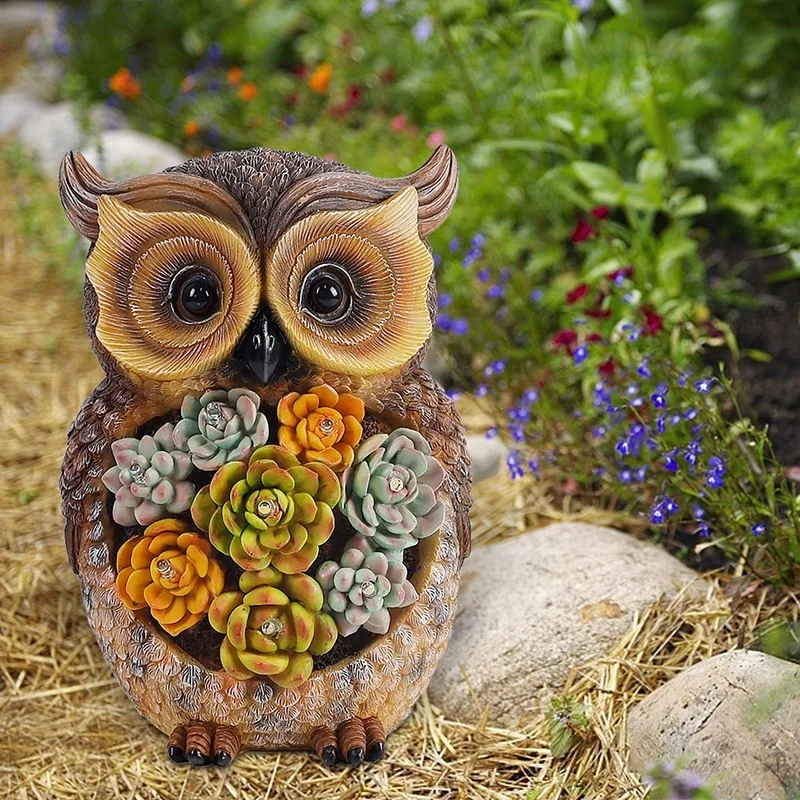 SM221411 Solar Resin Owl Bird Garden Freestanding Light Statue