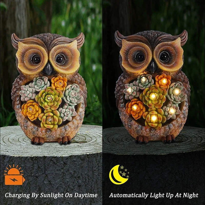 SM221411 Solar Resin Owl Bird Garden Freestanding Light Statue_4