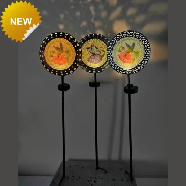 SM221412 Metal Iron Decorative Solar Stake Light with Disk Flower, Rose, Animal, Butterfly, and Bird