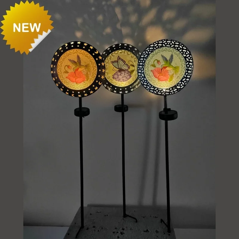 SM221412 Metal Iron Decorative Solar Stake Light with Disk Flower, Rose, Animal, Butterfly, and Bird