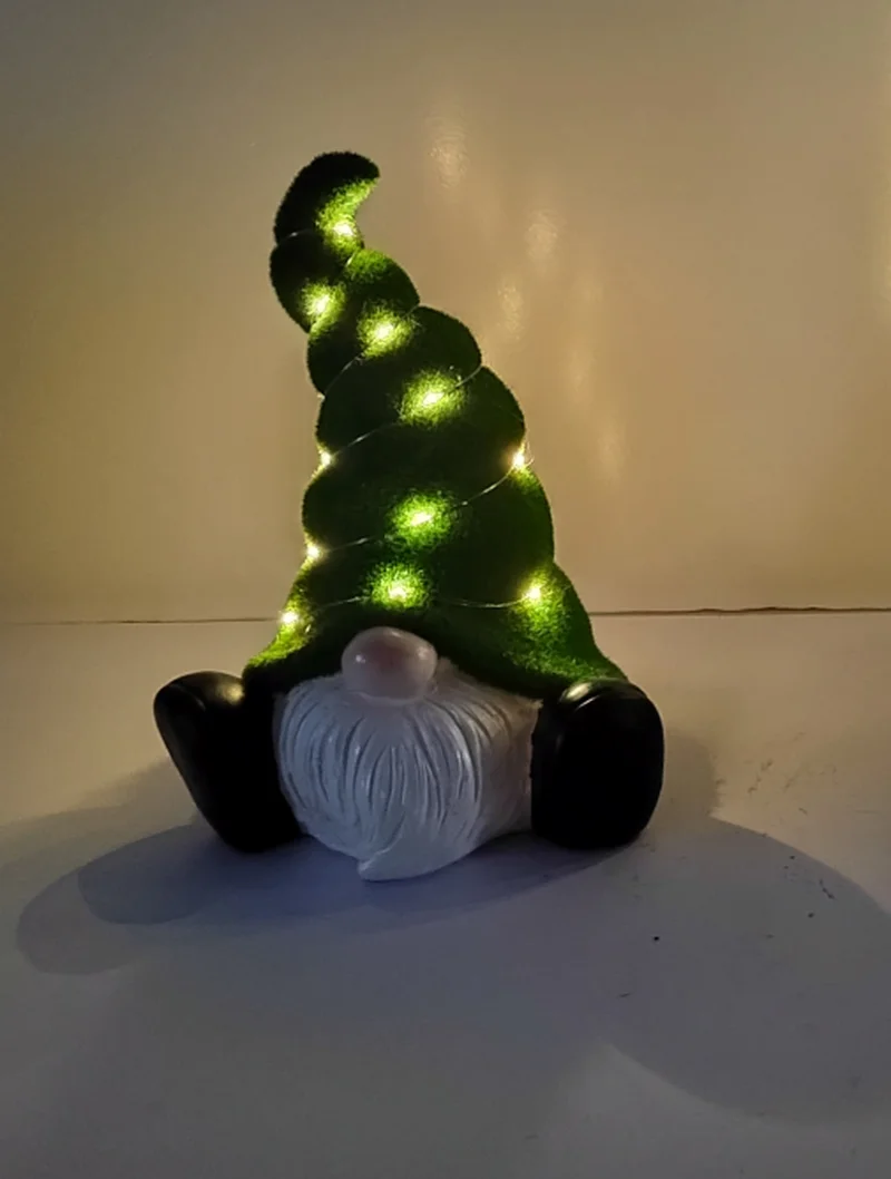 SM221428 Large Green Resin Garden Gnome Statue with Solar Freestanding Light, Textured Decorative Tall Base
