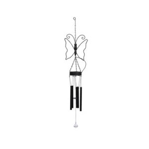 SM221430 Butterfly Solar Wind Chimes Hanging Light - Metal Iron Animal Design, Pink_Yellow_Black Decorative Chime with Chain