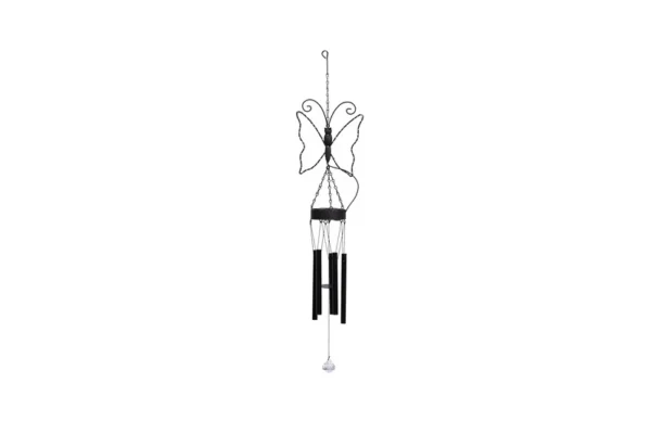 SM221430 Butterfly Solar Wind Chimes Hanging Light - Metal Iron Animal Design, Pink_Yellow_Black Decorative Chime with Chain
