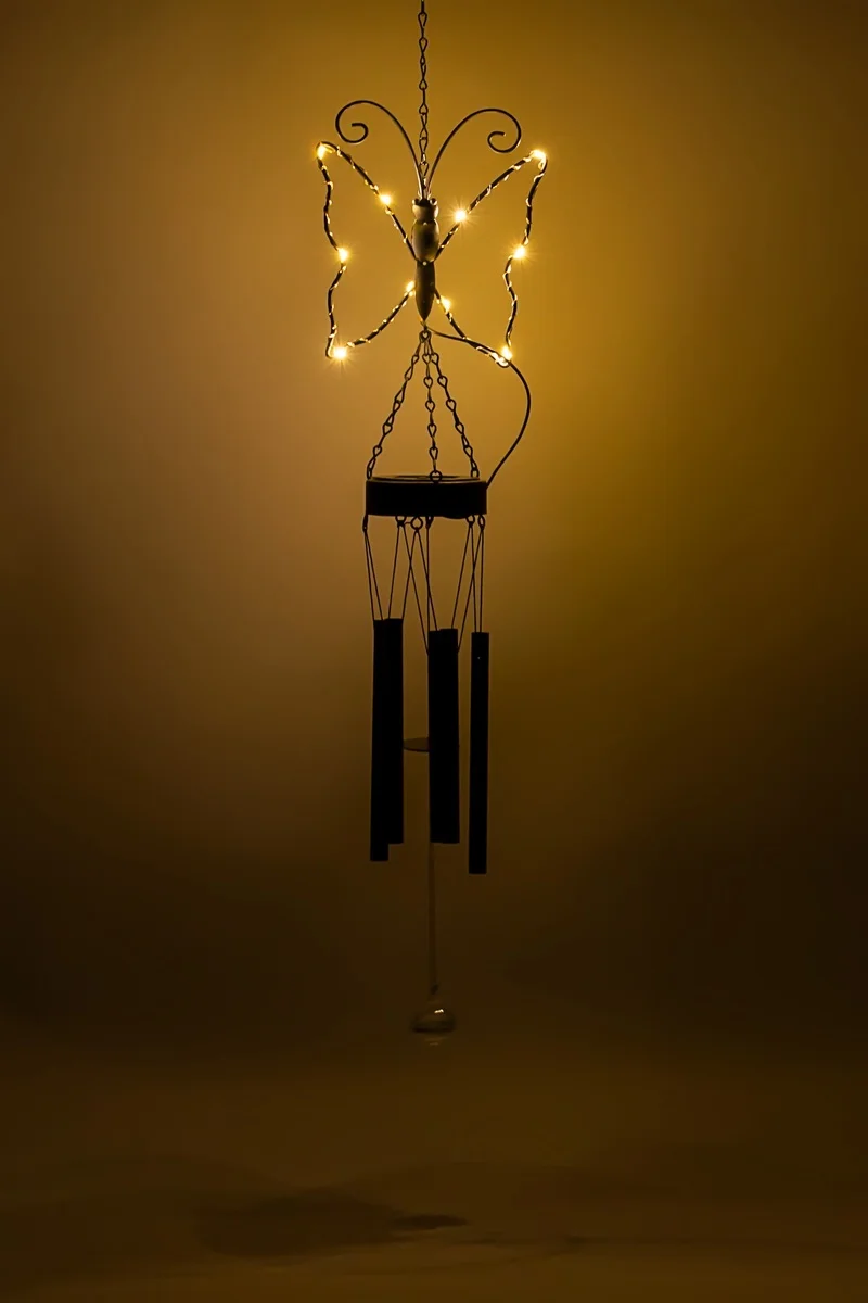 SM221430 Butterfly Solar Wind Chimes Hanging Light - Metal Iron Animal Design, Pink_Yellow_Black Decorative Chime with Chain_2