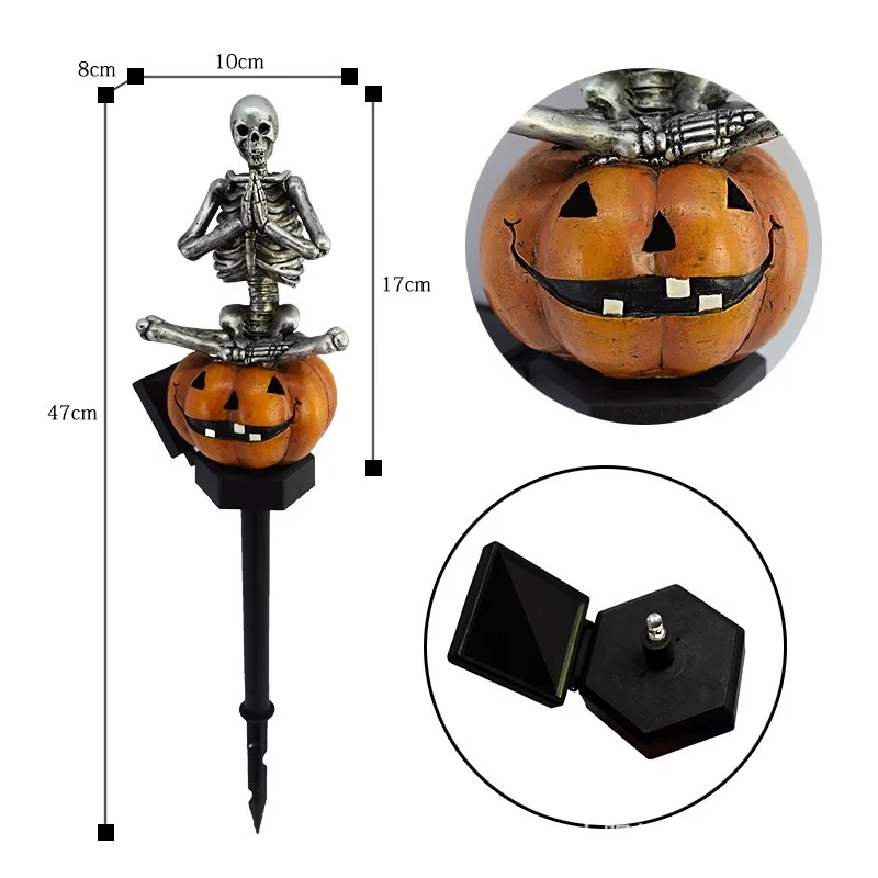 SM221475 Solar Skeleton & Pumpkin Stake Light Resin Statue_2