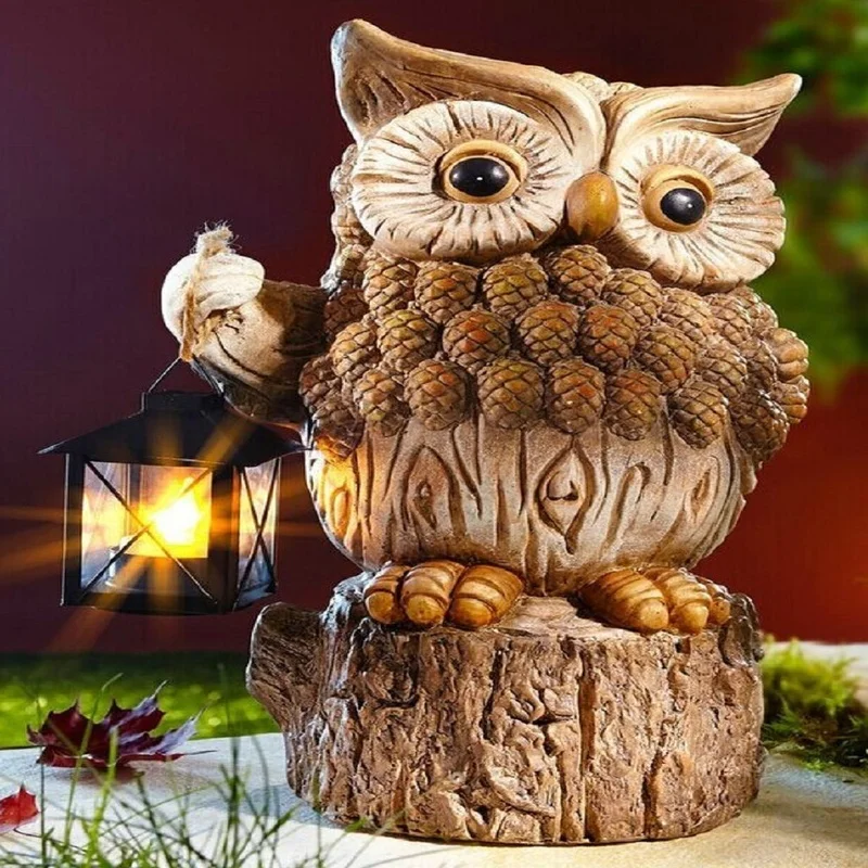 SM221489 Solar Owl Resin Statue with Hanging Lantern Light Animal