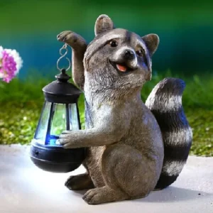 SM221490 Solar Raccoon Resin Statue with Hanging Lantern Light