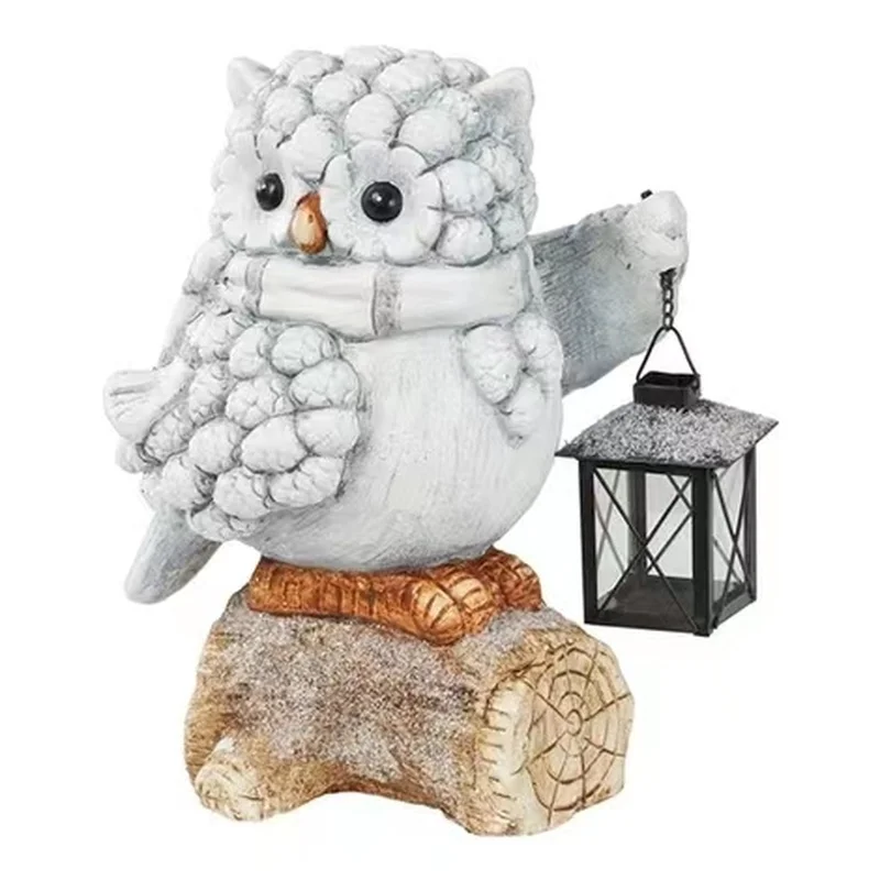SM221523 Solar Resin Owl Statue with Lantern - Hanging Decorative Brown Wood-Texture Bird