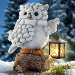 SM221523 Solar Resin Owl Statue with Lantern - Hanging Decorative Brown Wood-Texture Bird_2