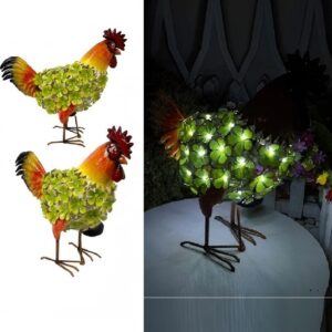 sm221546 metal iron rooster flowers tabletop solar light