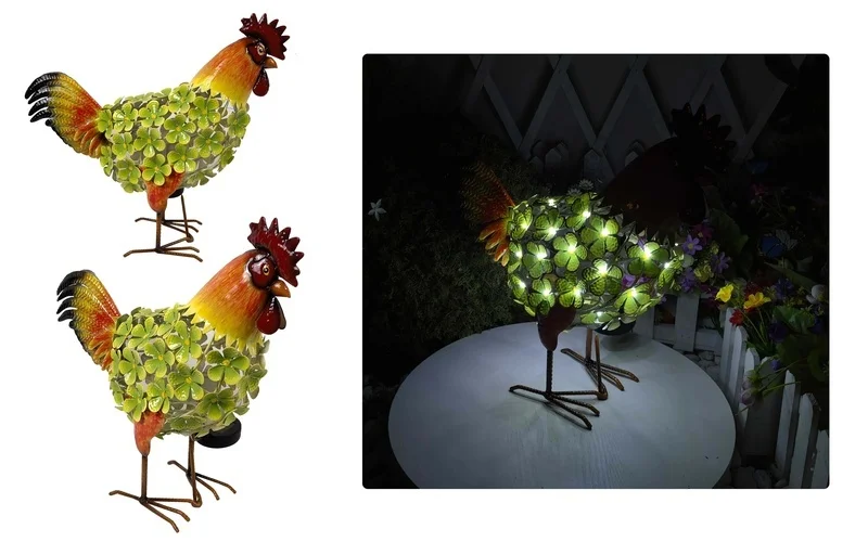 SM221546 Solar Rooster Flowers Metal Iron Animal Tabletop Light