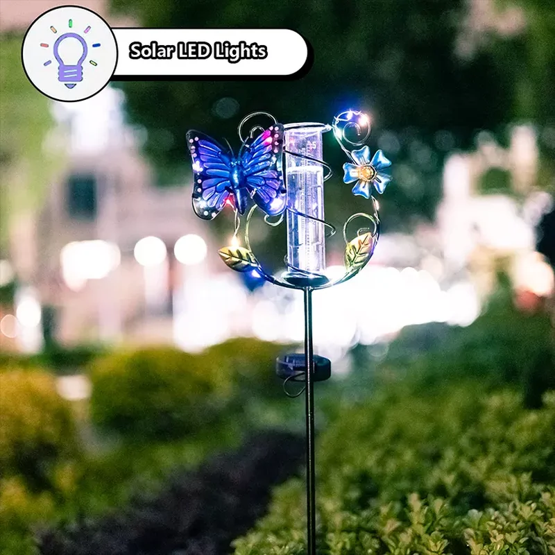 SM221561 Metal Iron + Glass Solar Butterfly Rain Gauge Stake Light Animal_2