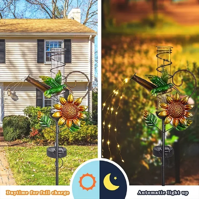 SM221562 Metal Iron + Glass Sunflower Solar Flower Rain Gauge Stake Light