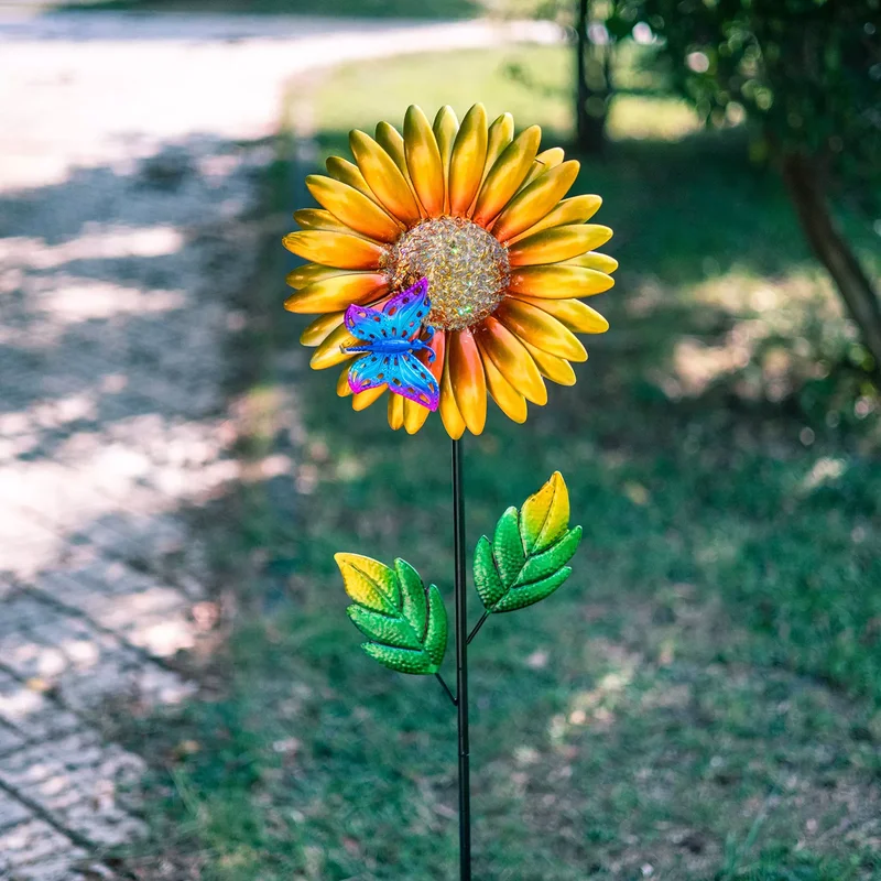 SM221564 Solar Sunflower Metal Iron Flower Stake Light_3