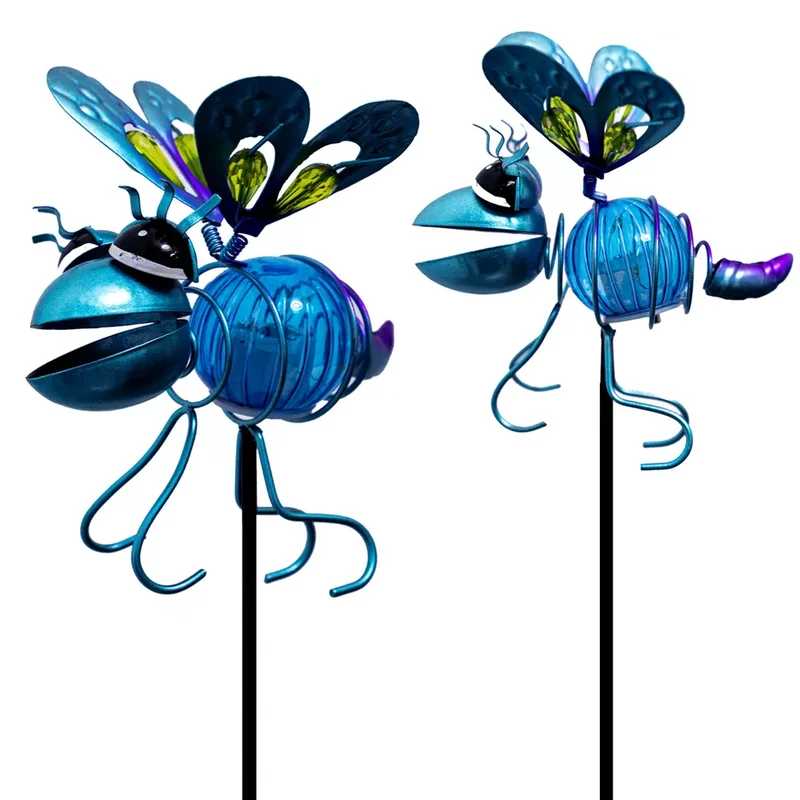 SM221573 Metal Iron Cute Honeybee Solar Stake Lights, Set of 2 Animal Figures