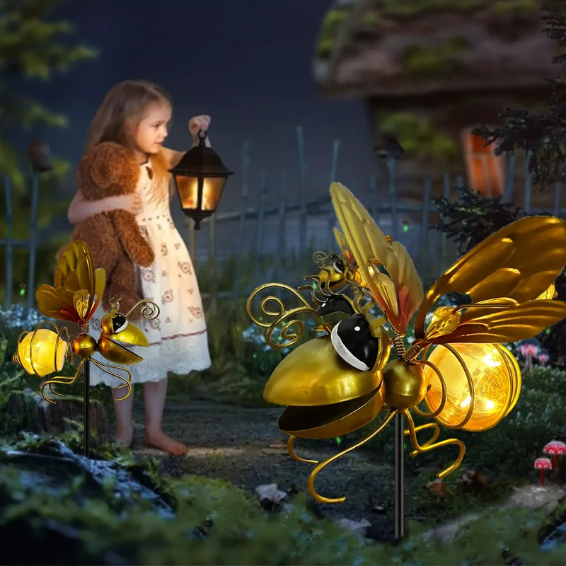 SM221573 Metal Iron Cute Honeybee Solar Stake Lights, Set of 2 Animal Figures_3
