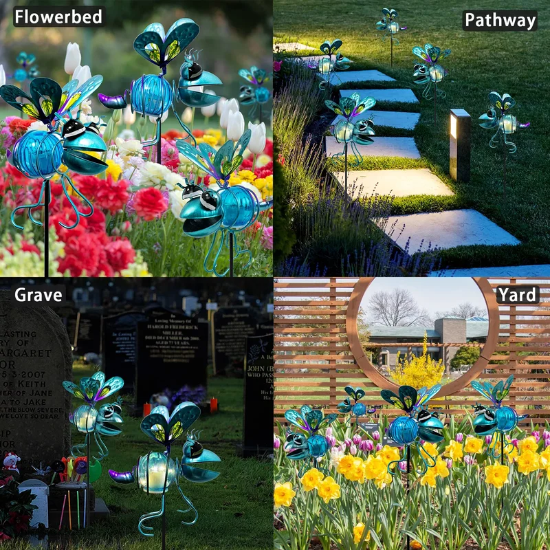 SM221573 Metal Iron Cute Honeybee Solar Stake Lights, Set of 2 Animal Figures_4