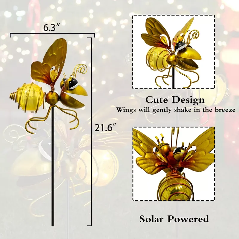 SM221573 Metal Iron Cute Honeybee Solar Stake Lights, Set of 2 Animal Figures_6