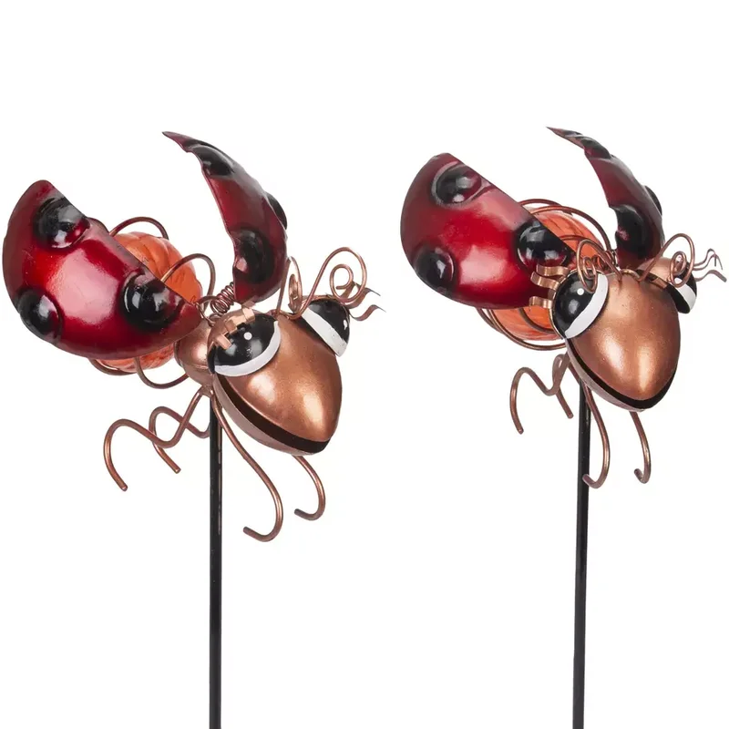 SM221574 Set of 2 Metal Iron Ladybug Solar Stake Lights, Animal Ladybird Design