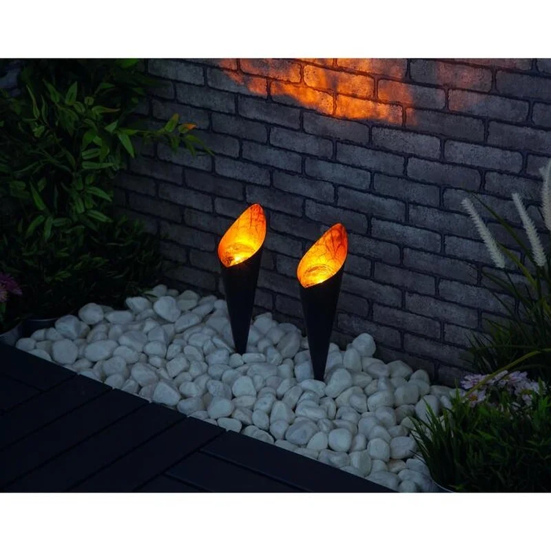 SM221633 Pack of 2 Metal Iron + Glass Solar Stake Lights, Cone Globe Torch