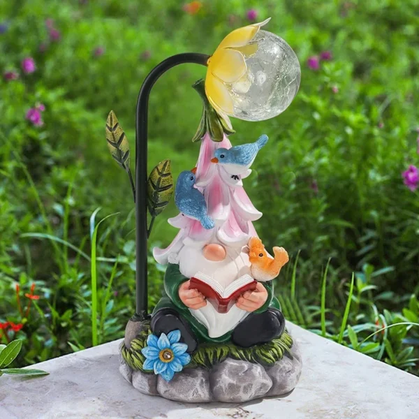 SM221635 Solar Powered Resin Garden Gnome Statue with Freestanding Light_3