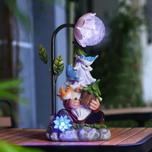 SM221635 Solar Powered Resin Garden Gnome Statue with Freestanding Light_5