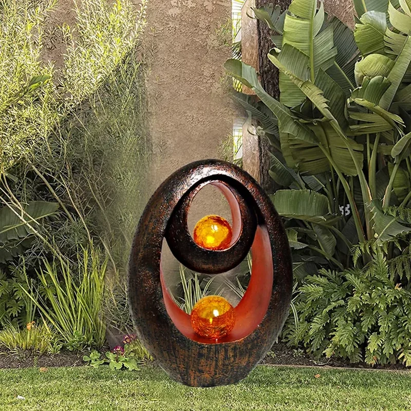 SM221636 Double Flaming Solar Resin Statue Freestanding Flame Light_2