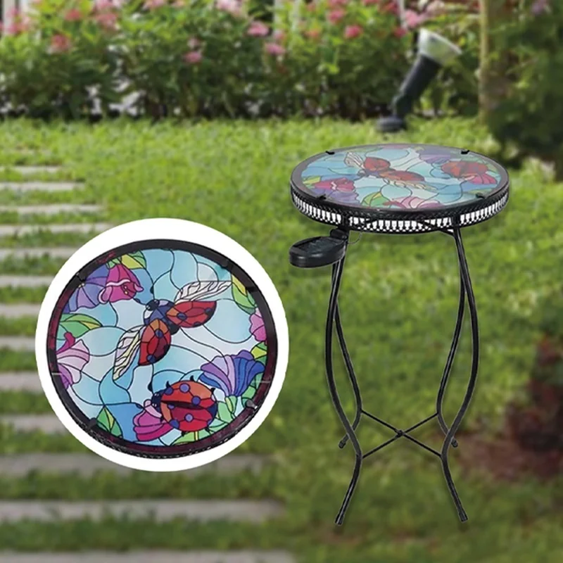 SM221649 Metal Iron + Glass Solar Garden Tabletop Light with Flower, Animal, Ladybird, and Butterfly Design