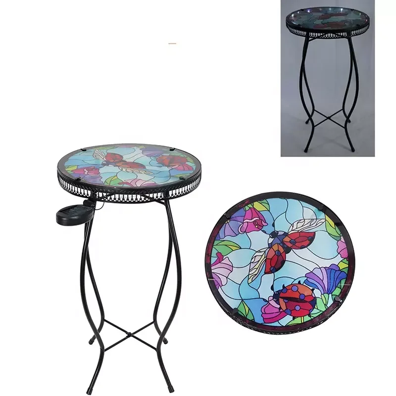 SM221649 Metal Iron + Glass Solar Garden Tabletop Light with Flower, Animal, Ladybird, and Butterfly Design_2