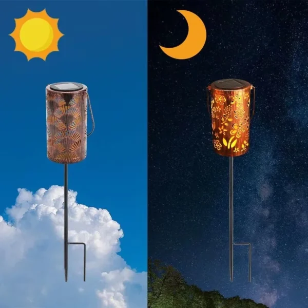 SM22517 Cylindrical Hollow-Out Metal Iron Solar Stake Light Lantern