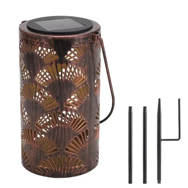SM22517 Cylindrical Hollow-Out Metal Iron Solar Stake Light Lantern_3