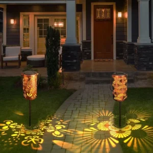 SM22517 Cylindrical Hollow-Out Metal Iron Solar Stake Light Lantern_4