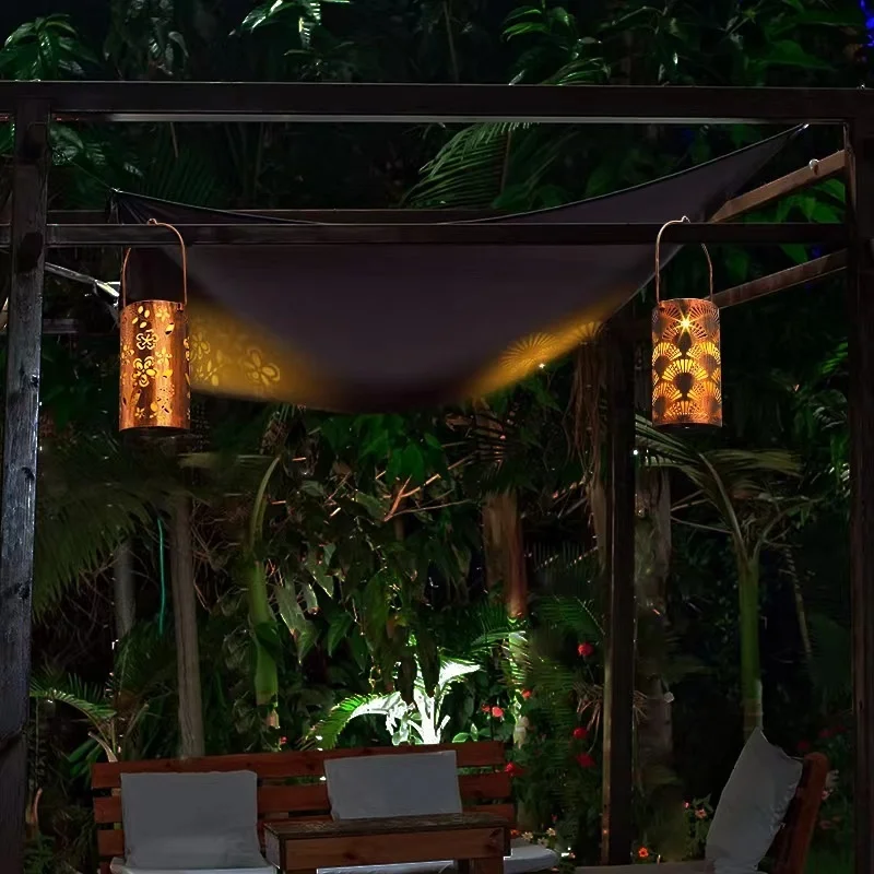 SM22517 Cylindrical Hollow-Out Metal Iron Solar Stake Light Lantern_5