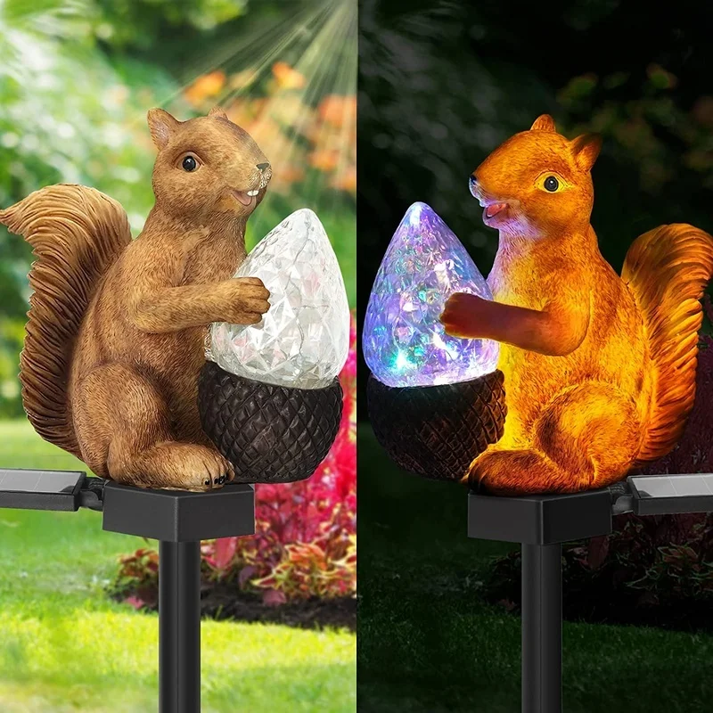 SM22541 Solar Stake Light Resin Statue - Cute Squirrel Holding Nut Animal
