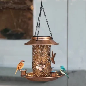 SM22553 Metal Iron Solar Bird Feeder with Hanging Light, Decorative Gold Outdoor Birdfeeder with Chain and Base