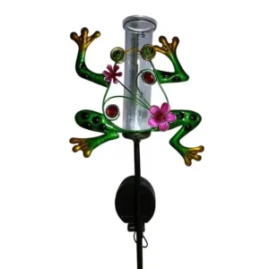 SM22747 Glass and Metal Iron Solar Frog LED Stake Light with Rain Gauge