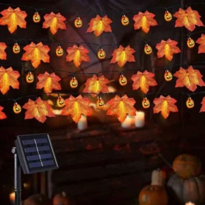 SM22753 Plastic PP Solar String Light with 50 LED Maple Leaves & Pumpkins_1