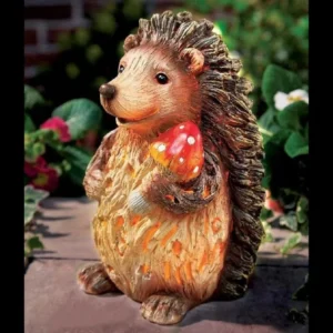 SM22790 Solar Wood-Look Hedgehog Resin Statue Freestanding Light Animal