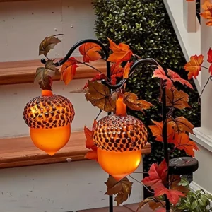 SM22845 Metal Iron Solar Stake Lights, Set of 2, Pine Cones with Maple Leaves