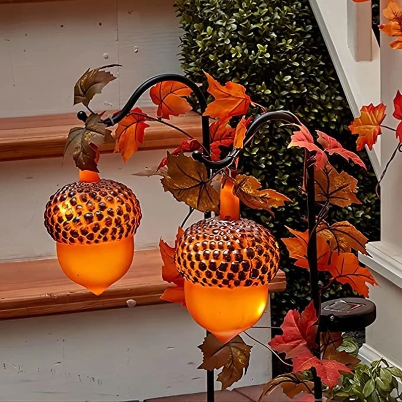 SM22845 Metal Iron Solar Stake Lights, Set of 2, Pine Cones with Maple Leaves