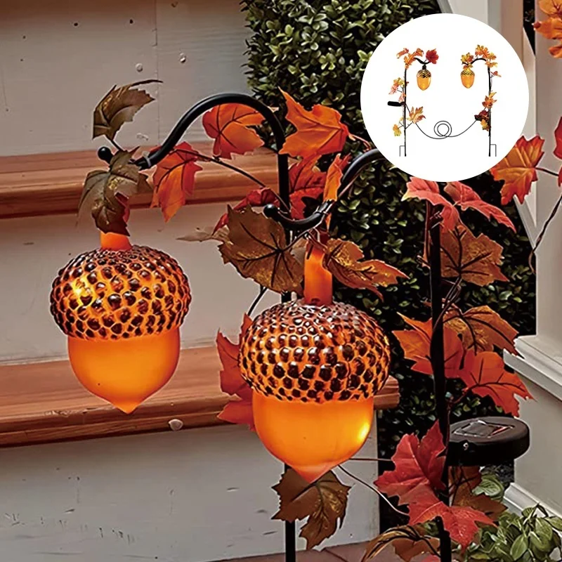 SM22845 Metal Iron Solar Stake Lights, Set of 2, Pine Cones with Maple Leaves_2