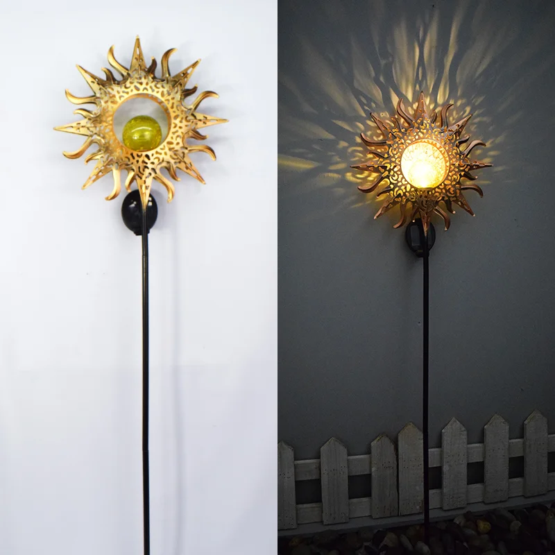 SM22850 Glass and Metal Iron Solar Garden Stake Lights - Sun Shape