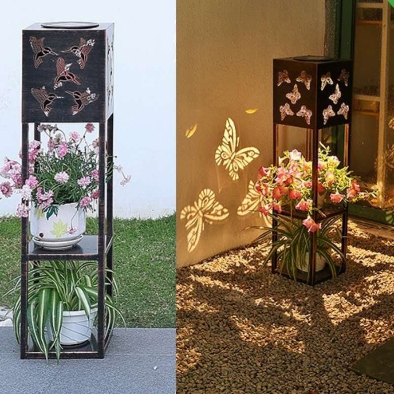 sm22852 metal iron multi layer planter stand with solar led freestanding light