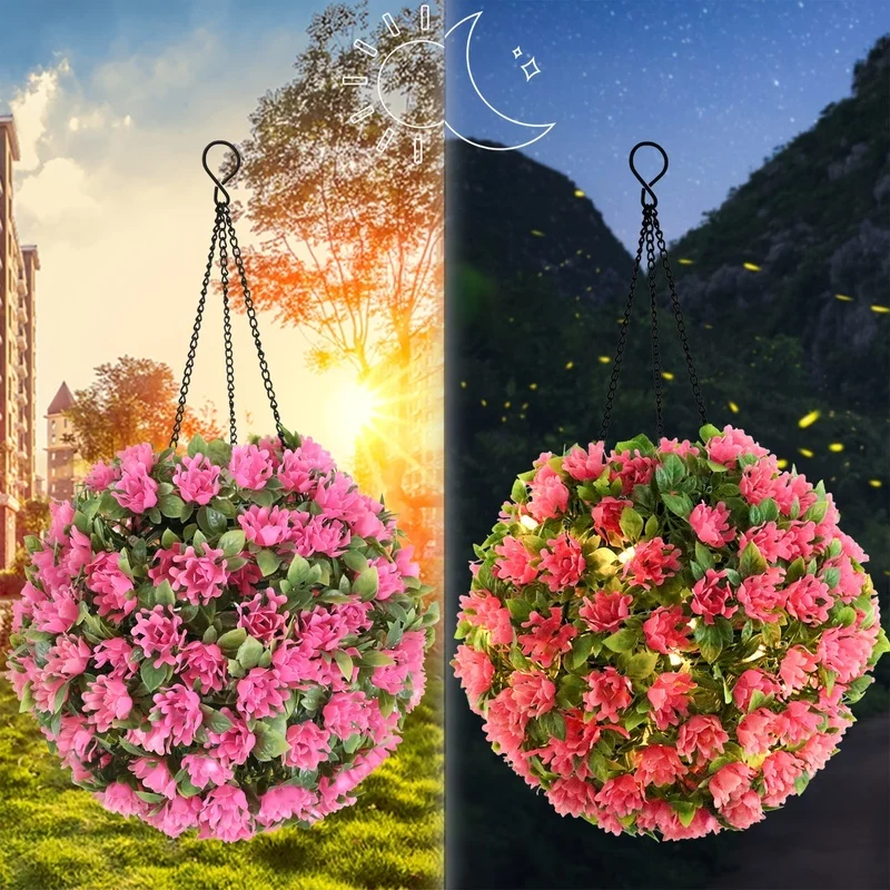 SM22889 PP Plastic Solar-Powered LED Artificial Flower Ball Hanging Light Globe_5