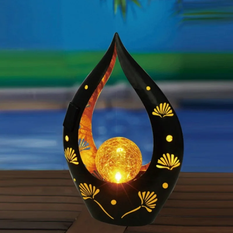 SM230002 Solar Tabletop Lamp with Metal Iron and Glass Flame Design
