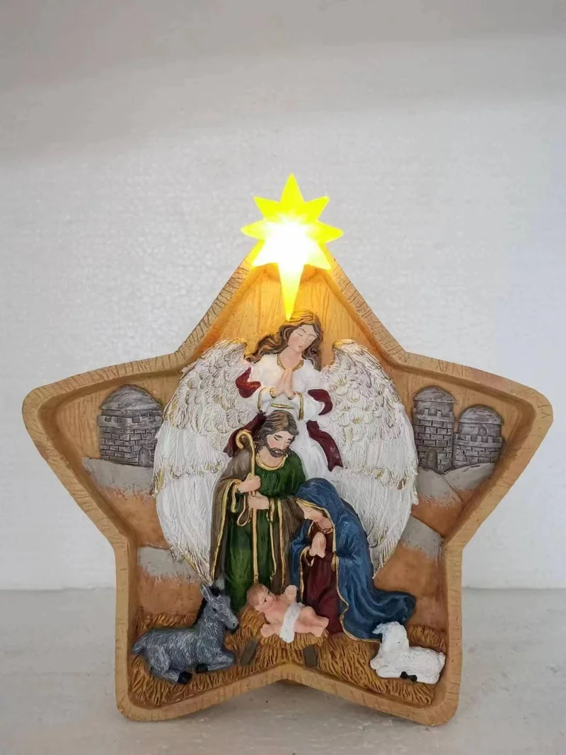 SM23057 Solar Powered Resin Statue - Freestanding Birth of Jesus Figurine with Light