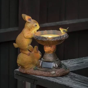 SM231045 Solar Rabbit Resin Statue Freestanding Animal Bird Bath Light